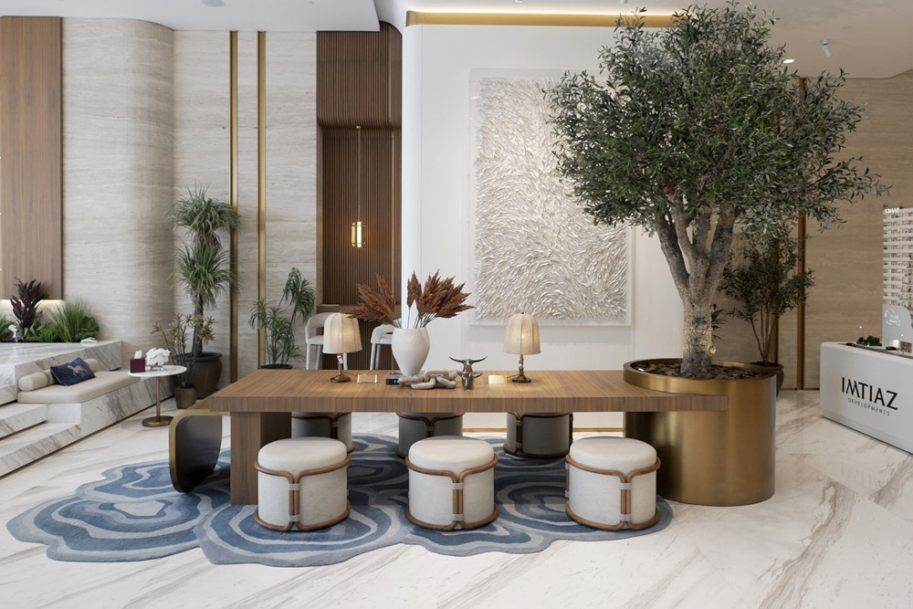 Beach Walk Residence Modern interior featuring a wooden table, stools, decorative plants, and an artwork piece in a stylish setting.